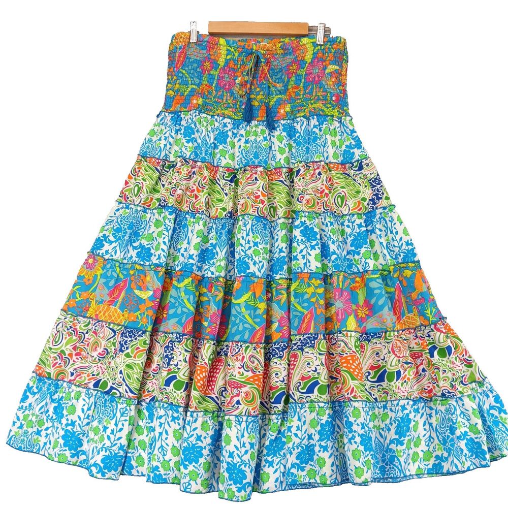 Zoey & Leelo Women's Sz L Blue Multicolor Tiered Floral Long Skirt/Dress